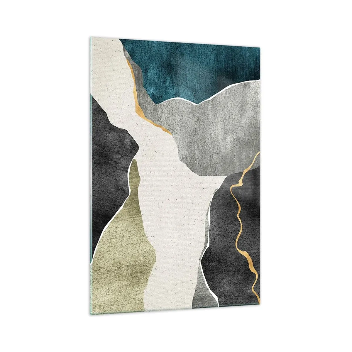 Glasbild - Bild auf glas - Geometrische Formen in Grau-, Grün- und Goldtönen - 70x100cm - Mosaikkomposition mit Goldfaden - Moderne Wanddekoration für Wohnzimmer und Schlafzimmer ARTTOR