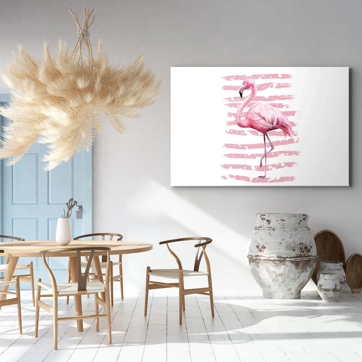Bild auf Leinwand - Leinwandbild - Flamingo auf rosa Hintergrund im minimalistischen Stil - 70x50cm - In Würde, aber in Pink - Moderne Wanddekoration für Wohnzimmer und Schlafzimmer ARTTOR
