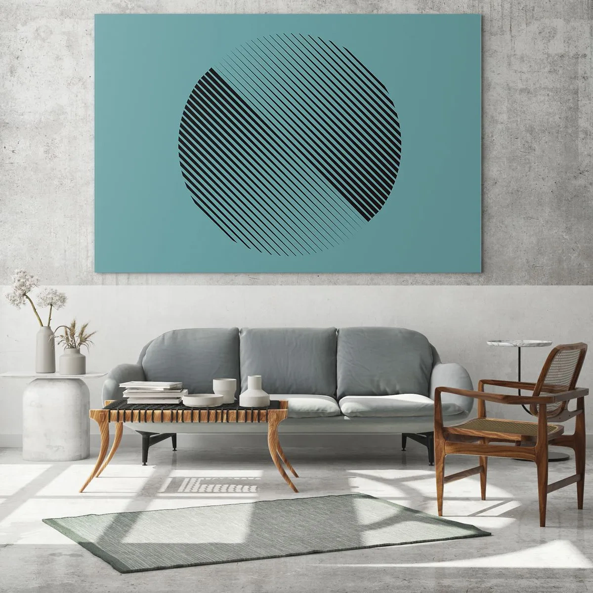 Glasbild - Bild auf glas - Schwarze Linien bilden einen Kreis auf türkisfarbenem Hintergrund - 70x50cm - Kreis – eine geometrische Variante - Moderne Wanddekoration für Wohnzimmer und Schlafzimmer ARTTOR
