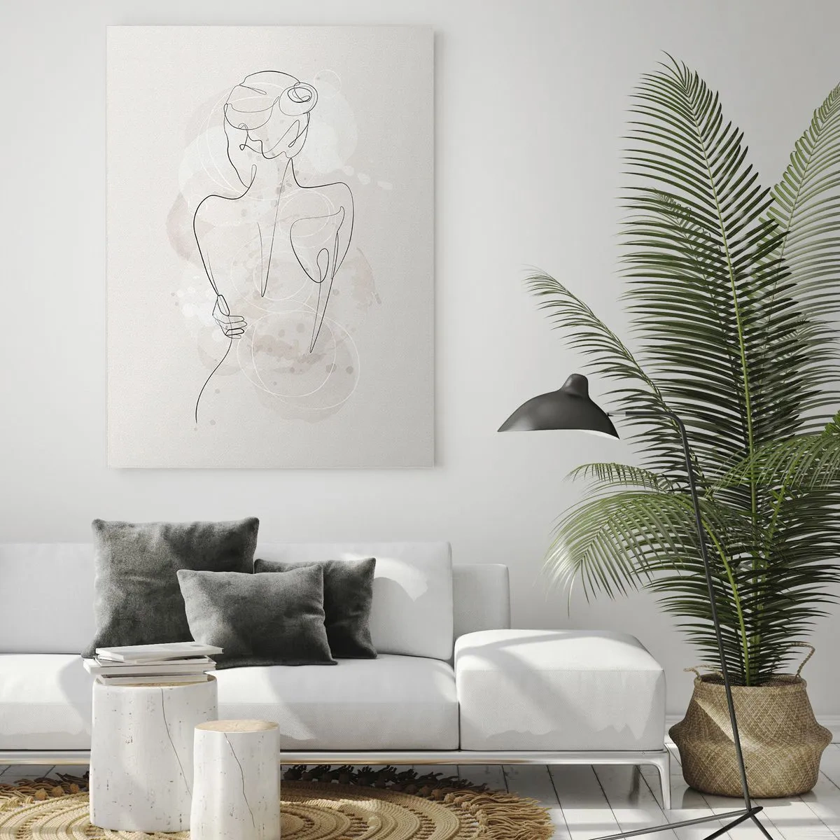 Glasbild - Bild auf glas - Eine minimalistische Skizze einer weiblichen Silhouette vor hellem Hintergrund. - 70x100cm - Wie ein sensibles Instrument - Moderne Wanddekoration für Wohnzimmer und Schlafzimmer ARTTOR