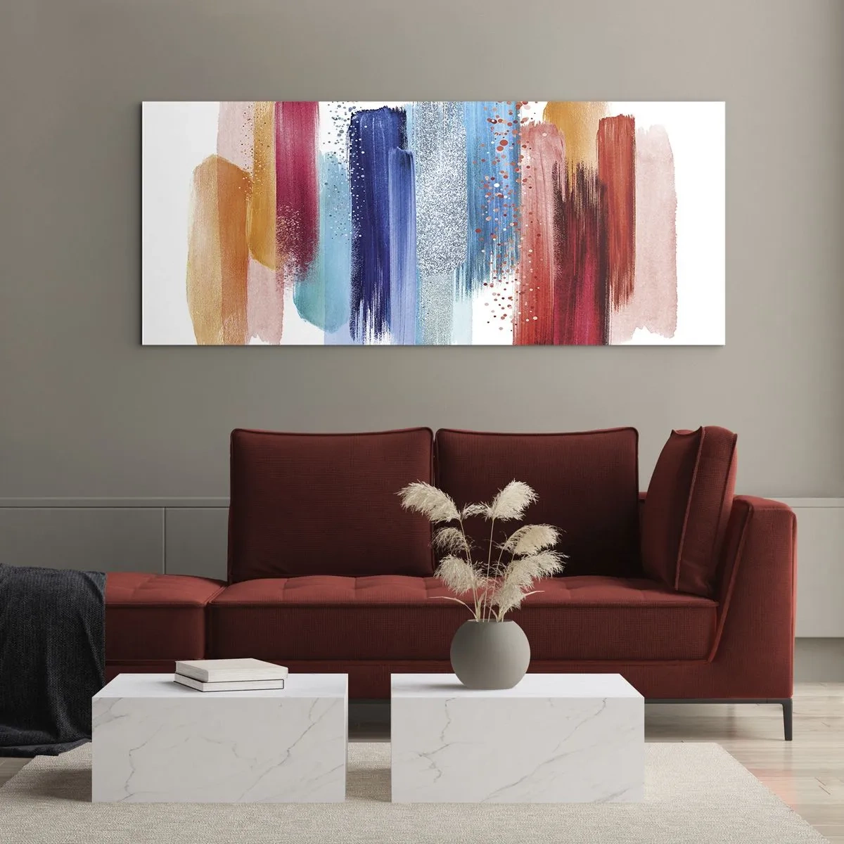 Glasbild - Bild auf glas - Bunte Pinselstriche auf weißem Hintergrund - 160x50cm - Auf und ab - Moderne Wanddekoration für Wohnzimmer und Schlafzimmer ARTTOR