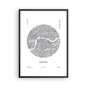 Poster in einem schwarzem Rahmen - Eine minimalistische Schwarz-Weiß-Karte von London - 50x70cm - Anatomie von London - Moderne Wanddekoration für Wohnzimmer und Schlafzimmer ARTTOR
