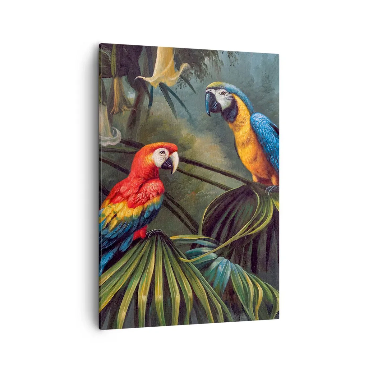 Bild auf Leinwand - Leinwandbild - Papageien in einem tropischen Wald mit exotischen Blumen im Hintergrund - 50x70cm - Romantik in den Tropen - Moderne Wanddekoration für Wohnzimmer und Schlafzimmer ARTTOR