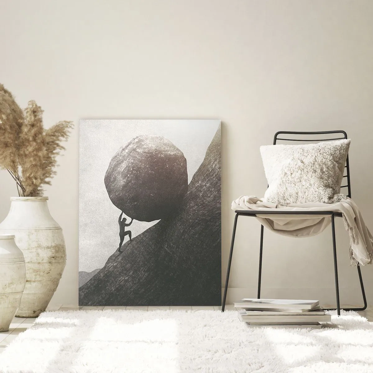 Glasbild - Bild auf glas - Eine Figur, die einen Felsbrocken vor einer Berglandschaft bergauf schiebt - 50x70cm - Ich glaube wider alle Hoffnung - Moderne Wanddekoration für Wohnzimmer und Schlafzimmer ARTTOR