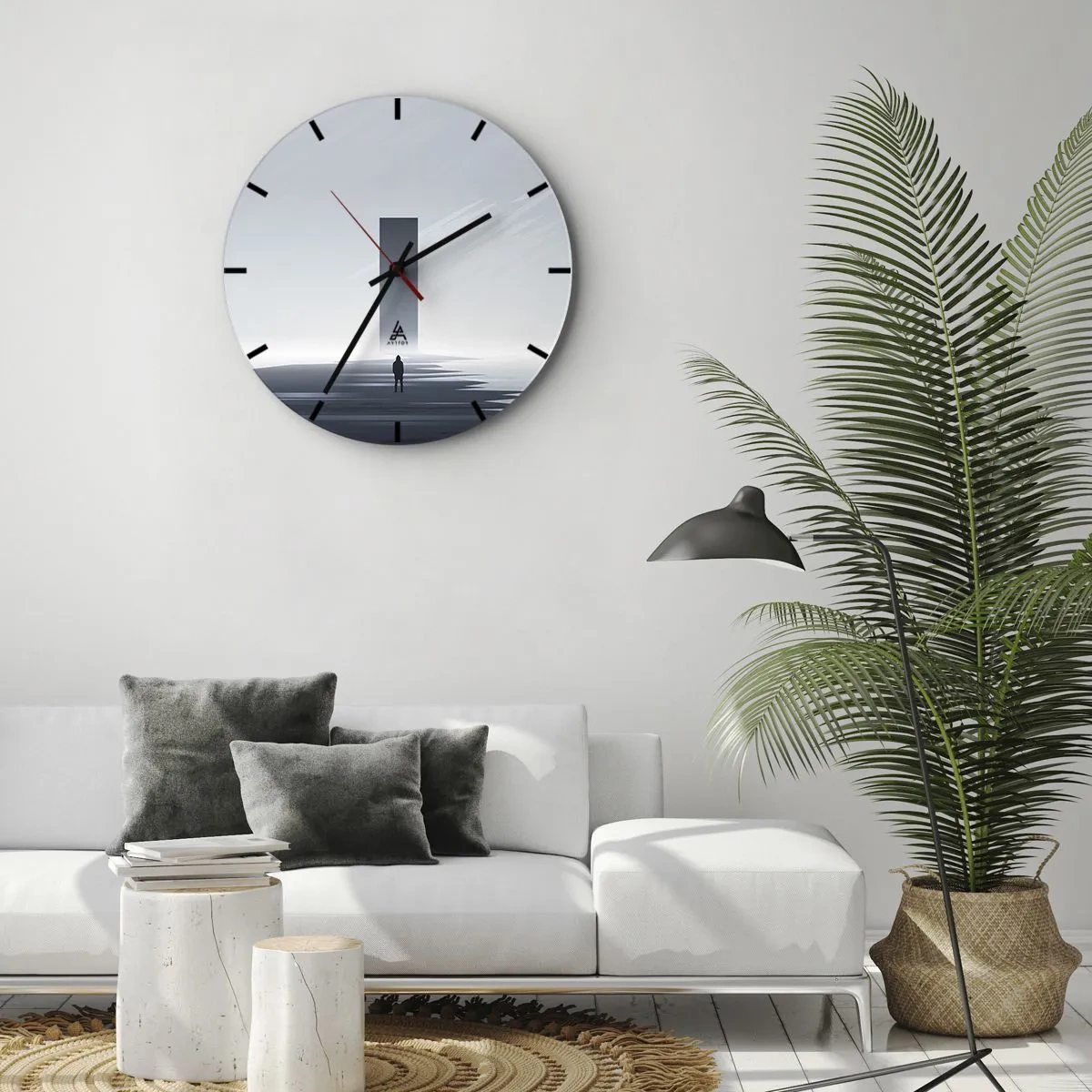 Wanduhr - Glasuhr - Eine minimalistische Landschaft mit einer Figur und geometrischen Form - 30x30cm - Chance oder Bedrohung? - Moderne Wanddekoration für Wohnzimmer, Küche und Schlafzimmer ARTTOR