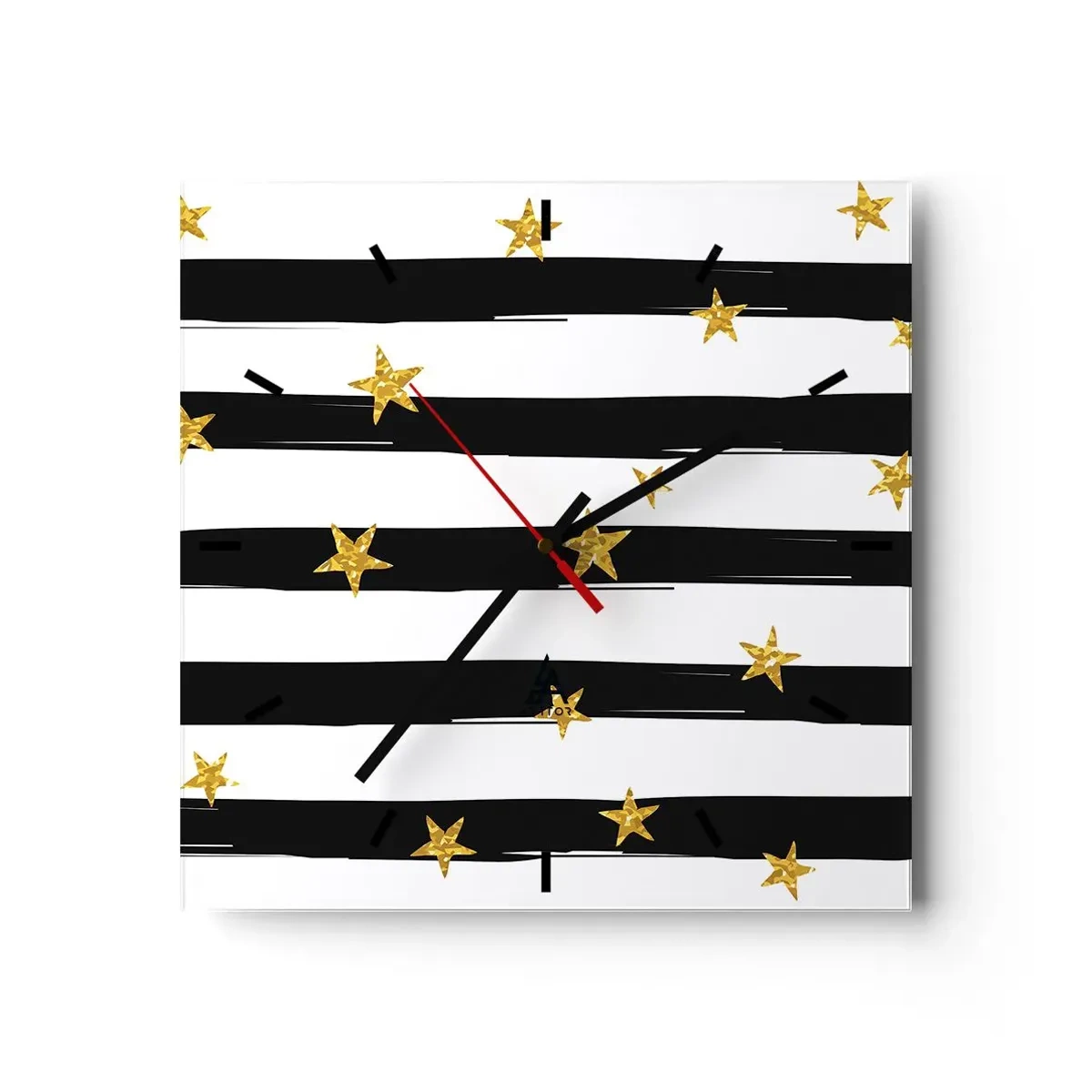 Wanduhr - Glasuhr - Schwarz-weiße Streifen mit goldenen Sternen - 30x30cm - Wir wurden alle unter einem glücklichen Stern geboren - Moderne Wanddekoration für Wohnzimmer und Schlafzimmer ARTTOR