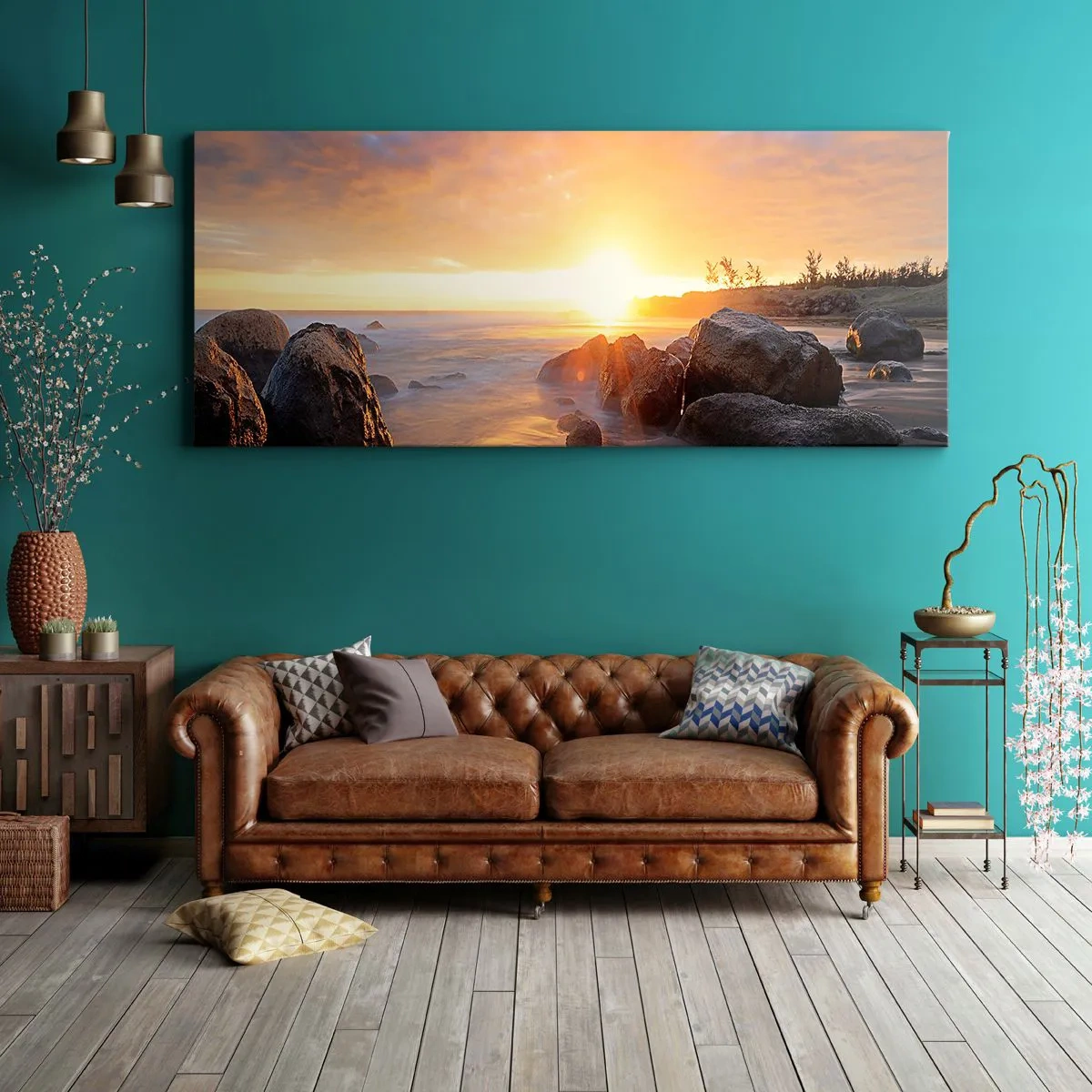 Bild auf Leinwand - Leinwandbild - Sonnenuntergang über der felsigen Küste - 120x50cm - Leuchtende Brise des Abends - Moderne Wanddekoration für Wohnzimmer und Schlafzimmer ARTTOR