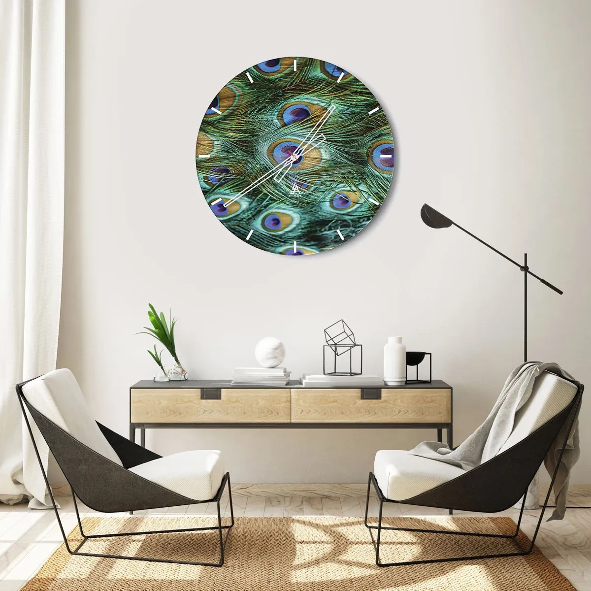 Wanduhr - Glasuhr - Pfauenfedern in Grün- und Blautönen - 30x30cm - Ein Blick mit Pfauenaugen - Moderne Wanddekoration für Wohnzimmer, Küche und Schlafzimmer ARTTOR