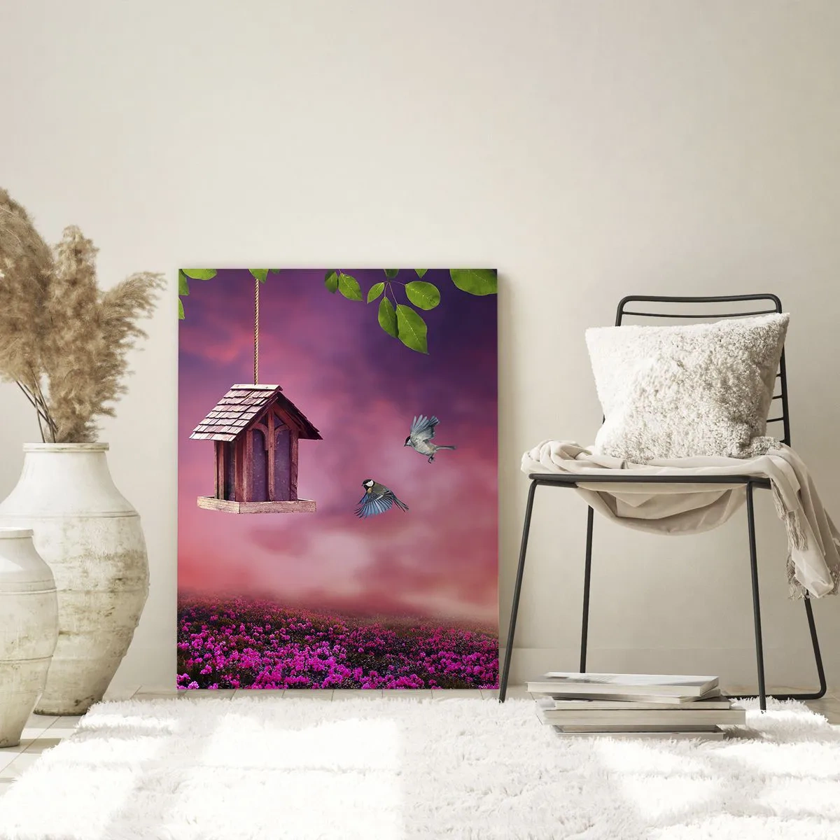 Glasbild - Bild auf glas - Ein Vogelhäuschen vor einem rosa Himmel - 50x70cm - Einladung zum Abendessen - Moderne Wanddekoration für Wohnzimmer und Schlafzimmer ARTTOR