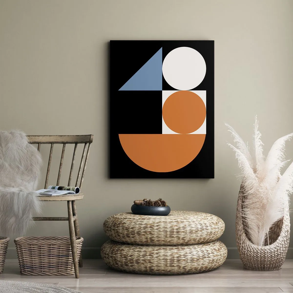 Bild auf Leinwand - Leinwandbild - Geometrisches Muster mit bunten Formen auf schwarzem Hintergrund - 50x70cm - Bebilderte Anordnung - Moderne Wanddekoration für Wohnzimmer und Schlafzimmer ARTTOR