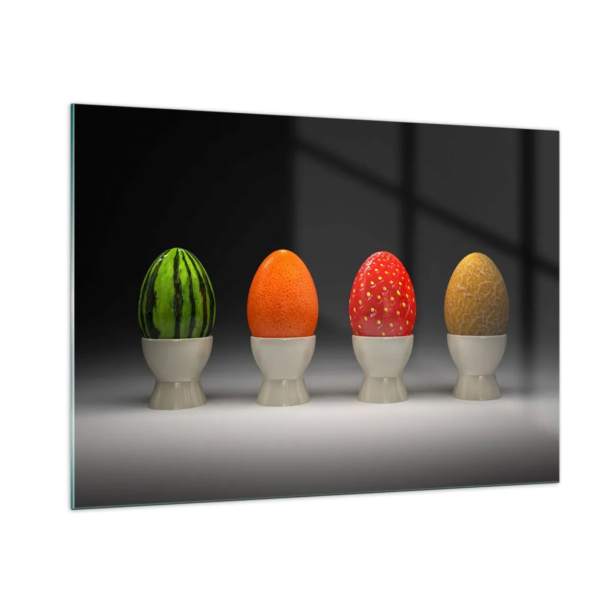 Glasbild - Bild auf glas - Eier in Fruchtschalen auf einem Ständer - 100x70cm - Obstfrühstück - Moderne Wanddekoration für Wohnzimmer und Schlafzimmer ARTTOR