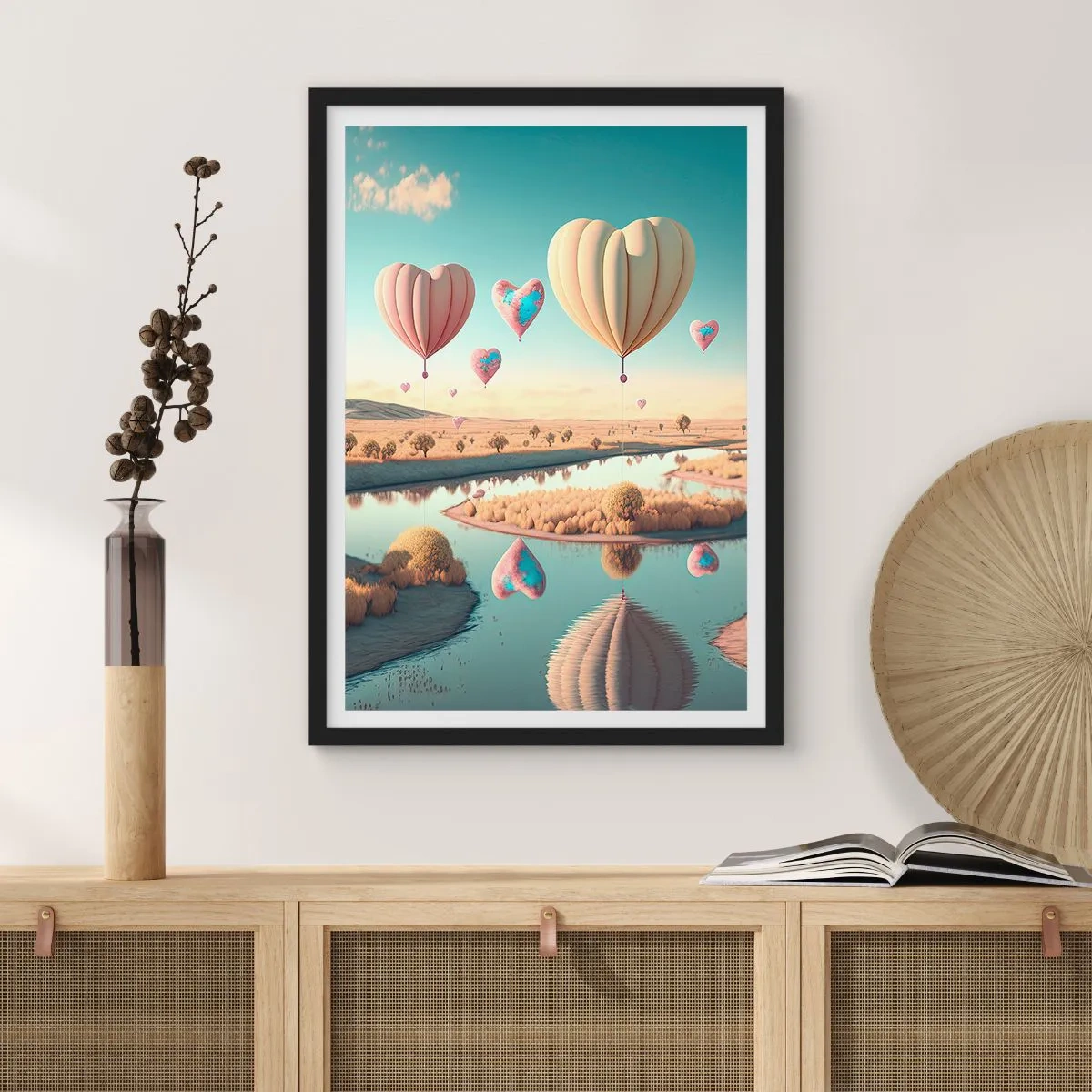 Poster in einem schwarzem Rahmen - Herzförmige Ballons schweben über der Landschaft - 50x70cm - Dank Liebe steigt man auf - Moderne Wanddekoration für Wohnzimmer und Schlafzimmer ARTTOR