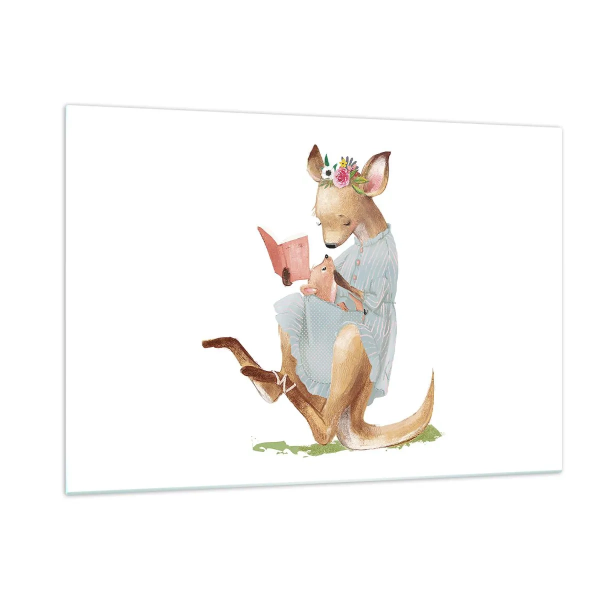 Glasbild - Bild auf glas - Eine Känguru-Mutter liest einem Känguru-Baby ein Buch vor - 120x80cm - Lies mir vor Mama - Moderne Wanddekoration für Wohnzimmer und Schlafzimmer ARTTOR