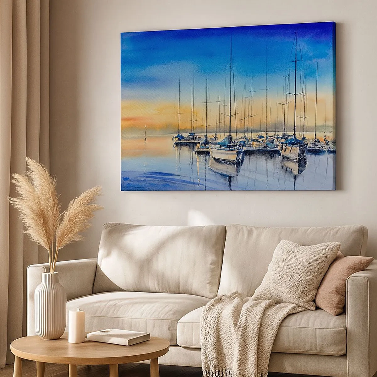 Bild auf Leinwand - Leinwandbild - Yachthafen bei Sonnenuntergang mit Spiegelungen auf dem Wasser - 70x50cm - Ende eines guten Tages - Moderne Wanddekoration für Wohnzimmer und Schlafzimmer ARTTOR