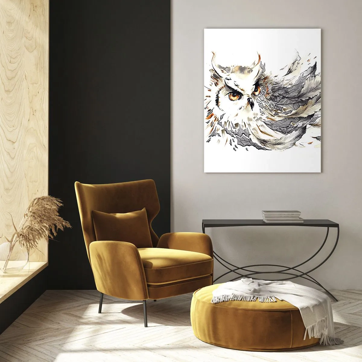 Glasbild - Bild auf glas - Eine Eule mit kunstvollen Federn in Orange- und Grautönen. - 50x70cm - Sie kam aus der Welt der Magie - Moderne Wanddekoration für Wohnzimmer und Schlafzimmer ARTTOR