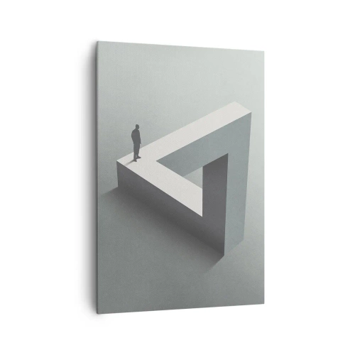 Bild auf Leinwand - Leinwandbild - Eine Figur, die auf einem Penrose-Dreieck in Grautönen steht. - 70x100cm - Es ist also doch möglich - Moderne Wanddekoration für Wohnzimmer und Schlafzimmer ARTTOR