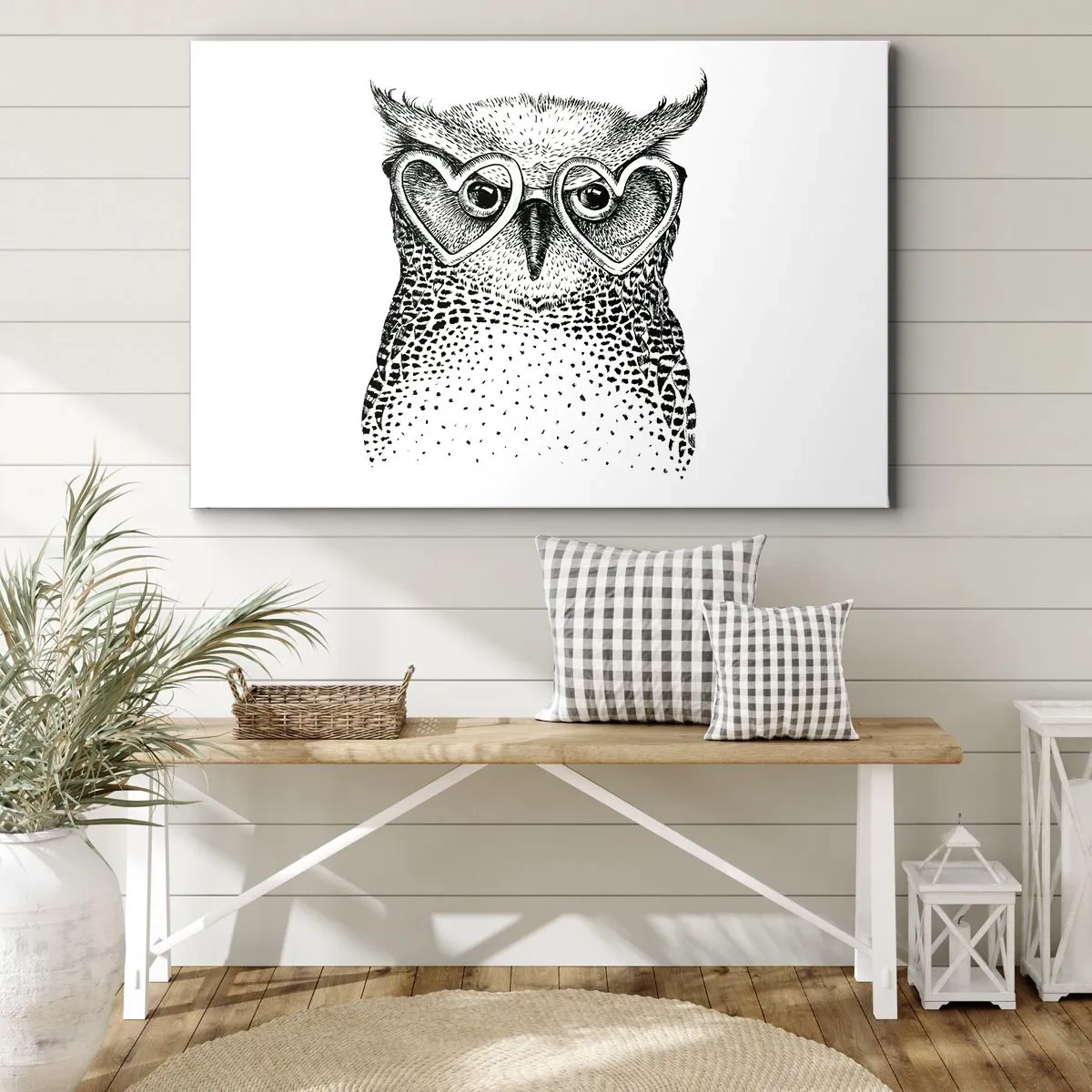 Bild auf Leinwand - Leinwandbild - Stilvolle Grafik einer Eule mit herzförmiger Brille - 70x50cm - Klug und mit Liebe - Moderne Wanddekoration für Wohnzimmer und Schlafzimmer ARTTOR