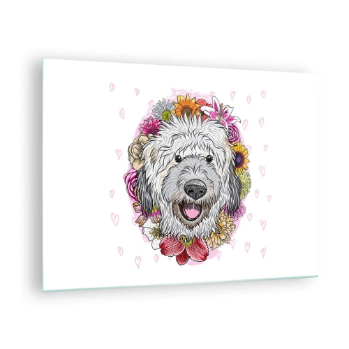 Glasbild - Bild auf glas - Illustration eines Hundes, umgeben von Blumen - 70x50cm - Welpenfreude - Moderne Wanddekoration für Wohnzimmer und Schlafzimmer ARTTOR
