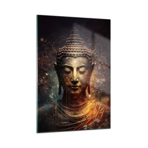 Glasbild - Bild auf glas - Eine goldene Buddhafigur auf dunklem Hintergrund mit Ornamenten - 50x70cm - Spirituelles Gleichgewicht - Moderne Wanddekoration für Wohnzimmer und Schlafzimmer ARTTOR