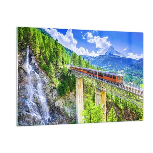 Glasbild - Bild auf glas - Alpenzug auf einer Brücke mit Blick auf einen Wasserfall - 120x80cm - Jetzt sind Alpen dran - Moderne Wanddekoration für Wohnzimmer und Schlafzimmer ARTTOR