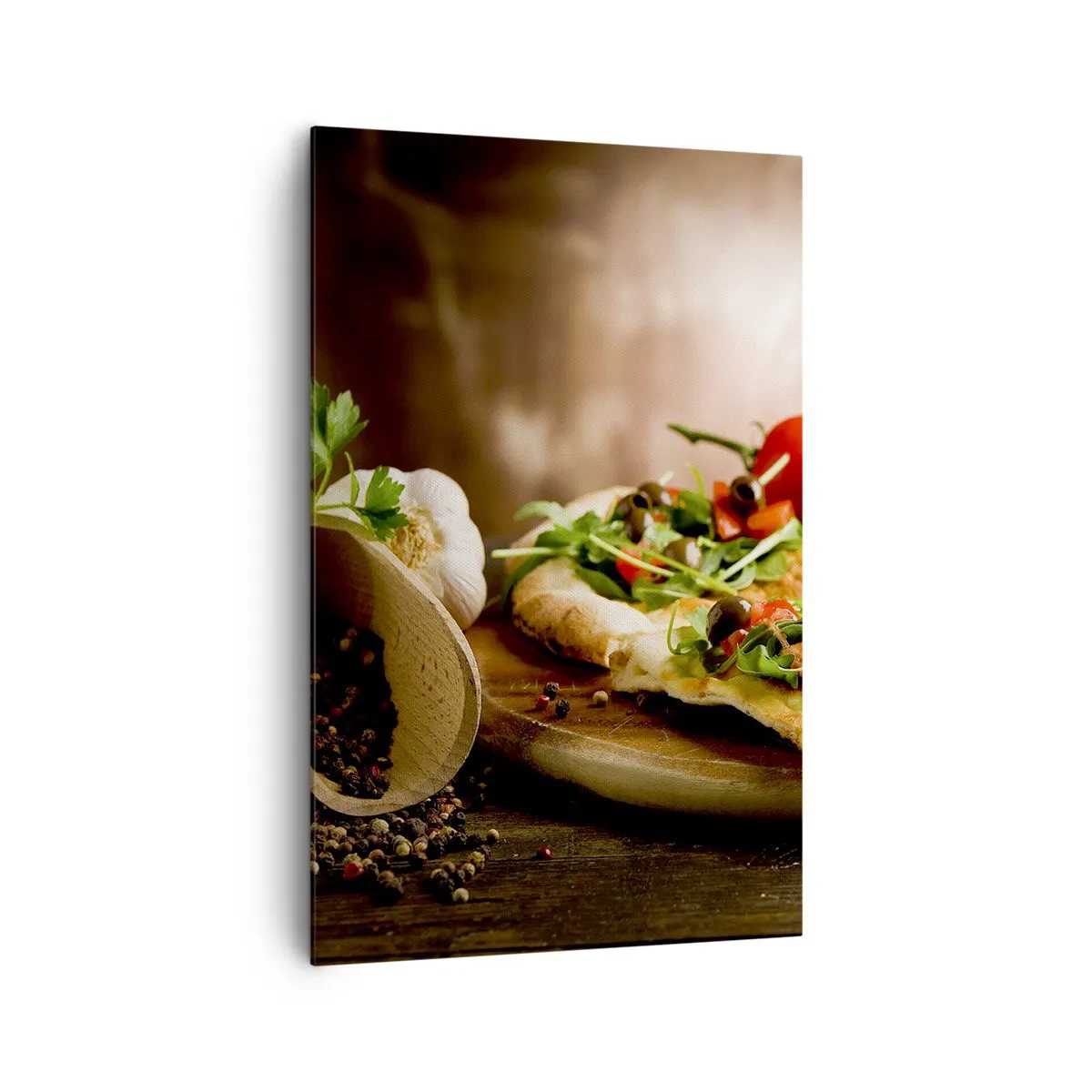 Bild auf Leinwand - Leinwandbild - Pizza mit Gemüse auf einem Holzbrett im rustikalen Stil - 80x120cm - Direkt vom Herd und aus dem Garten - Moderne Wanddekoration für Wohnzimmer und Schlafzimmer ARTTOR