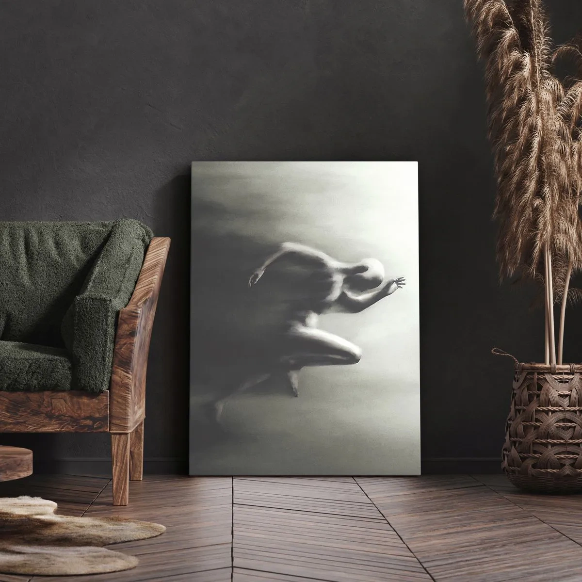 Bild auf Leinwand - Leinwandbild - Eine schwarz-weiße Silhouette einer laufenden Figur in einem dynamischen und surrealen Stil. - 50x70cm - Unwiderstehlich - Moderne Wanddekoration für Wohnzimmer und Schlafzimmer ARTTOR