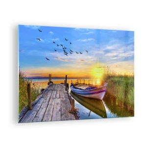Glasbild - Bild auf glas - Holzsteg über einem See mit einem Boot bei Sonnenaufgang - 70x50cm - Bis morgen - Moderne Wanddekoration für Wohnzimmer und Schlafzimmer ARTTOR