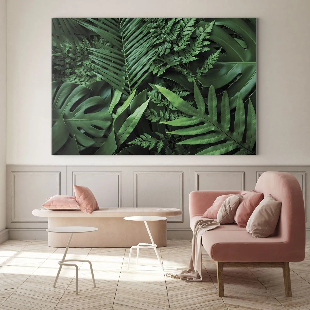 Glasbild - Bild auf glas - Dichte grüne Blätter tropischer Pflanzen in der Komposition - 70x50cm - Eingebettet ins Grüne - Moderne Wanddekoration für Wohnzimmer und Schlafzimmer ARTTOR