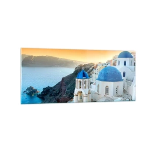 Glasbild - Bild auf glas - Blick auf Santorini mit weißen Gebäuden und blauem Meer - 120x50cm - Santorini - an die Felsen gekuschelt - Moderne Wanddekoration für Wohnzimmer und Schlafzimmer ARTTOR