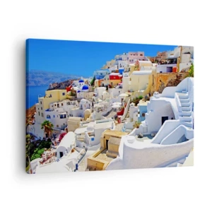 Bild auf Leinwand - Leinwandbild - Panorama von Santorini mit weißen Häusern und blauem Himmel - 70x50cm - Der Traum vom griechischen Sommer - Moderne Wanddekoration für Wohnzimmer und Schlafzimmer ARTTOR