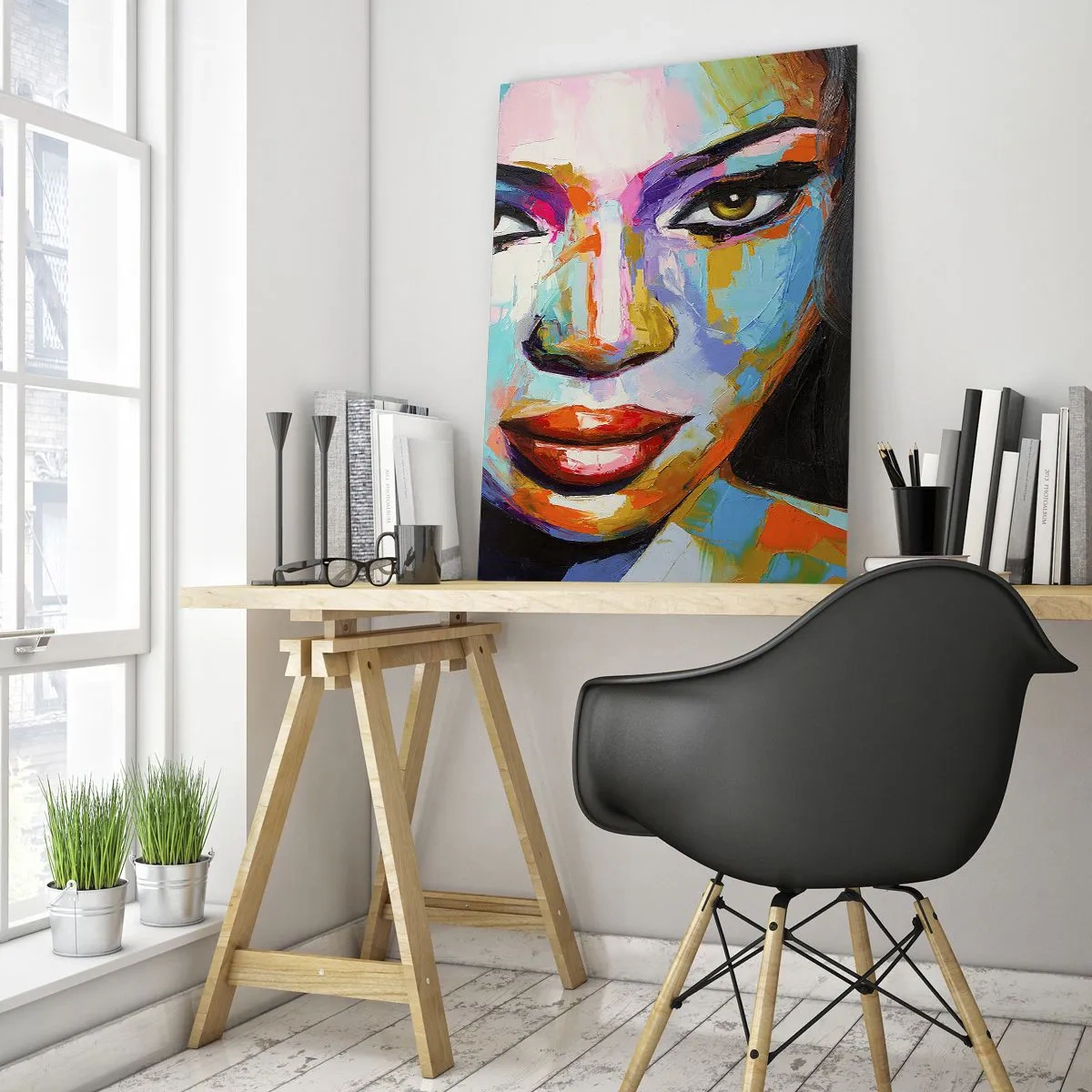 Glasbild - Bild auf glas - Ein farbenfrohes Porträt einer Frau mit intensivem Blick - 70x100cm - Es ist unmöglich die Augen abzuwenden - Moderne Wanddekoration für Wohnzimmer und Schlafzimmer ARTTOR