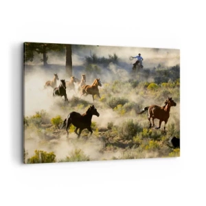 Bild auf Leinwand - Leinwandbild - Eine Herde wilder Pferde galoppiert durch Staub und Vegetation - 100x70cm - Rivalität – Freiheit oder männliche Stärke? - Moderne Wanddekoration für Wohnzimmer und Schlafzimmer ARTTOR