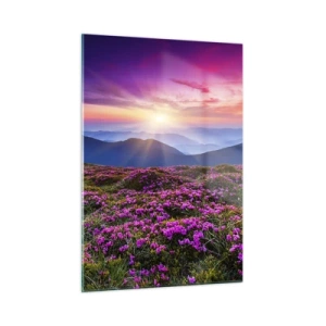 Glasbild - Bild auf glas - Berglandschaft mit Heide bei Sonnenuntergang - 50x70cm - Kräuter dufteten nach frischen Trauben von den Feldern - Moderne Wanddekoration für Wohnzimmer und Schlafzimmer ARTTOR