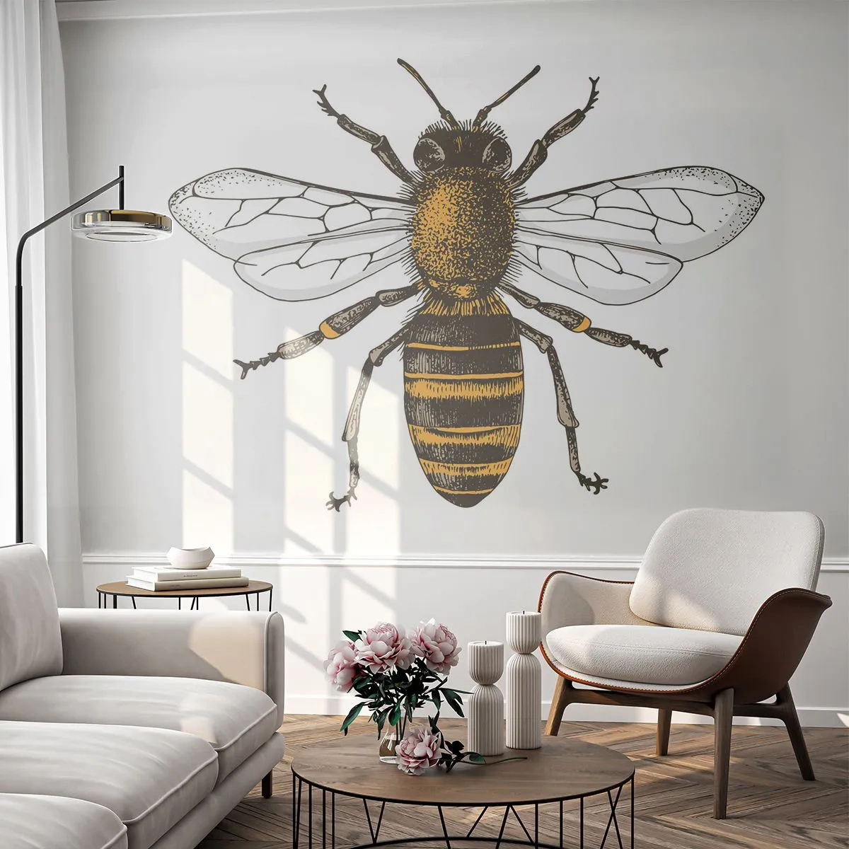 Fototapete Premium Sand - Vintage Biene Illustration auf weißem Hintergrund - 100x70cm - Schön und gut - Moderne Wanddekoration für Wohnzimmer und Schlafzimmer ARTTOR