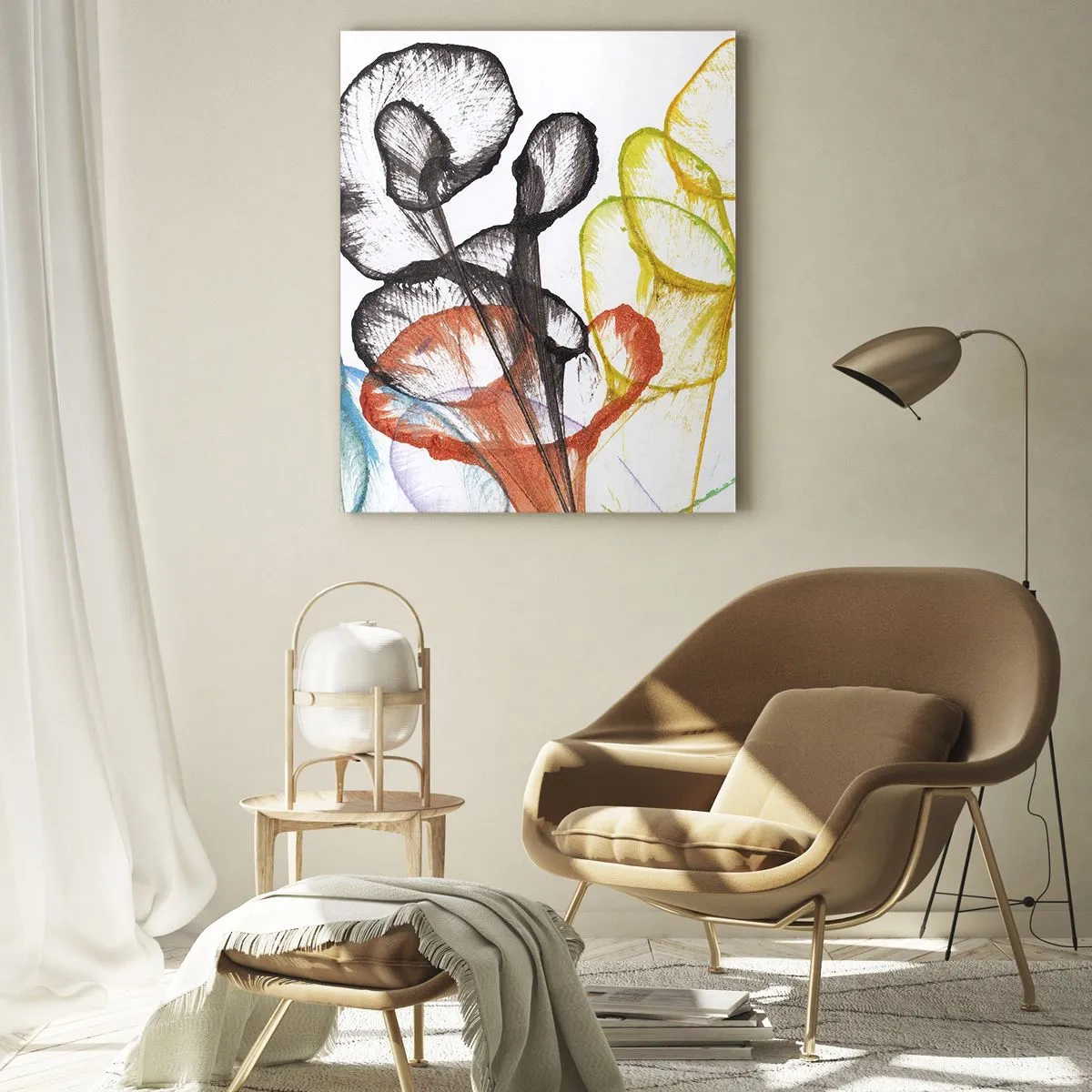 Glasbild - Bild auf glas - Bunte transparente Blumen auf weißem Hintergrund - 70x100cm - Blumen mit Seele - Moderne Wanddekoration für Wohnzimmer und Schlafzimmer ARTTOR