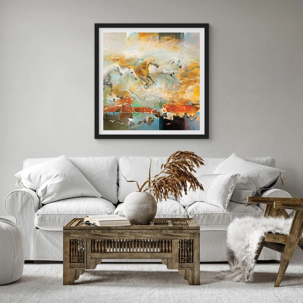 Poster in einem schwarzem Rahmen - Im Galopp durch das Licht - 30x30 cm