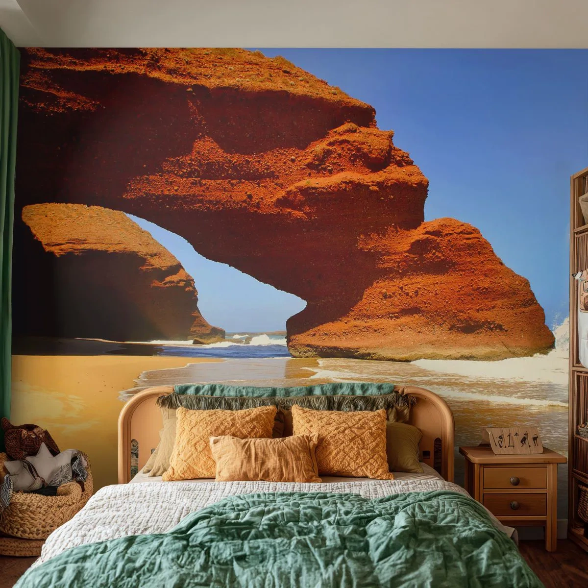 Fototapete Premium Sand - Roter Felsbogen am Meeresufer - 100x70cm - Wasser und Wind seit Tausenden von Jahren - Moderne Wanddekoration für Wohnzimmer und Schlafzimmer ARTTOR