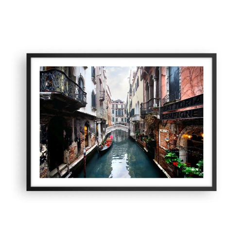 Poster in einem schwarzem Rahmen - Ein Kanal in Venedig mit einer Gondel und historischen Gebäuden - 70x50cm - Venezianische Landschaft mit Gondel und Brücke - Moderne Wanddekoration für Wohnzimmer und Schlafzimmer ARTTOR