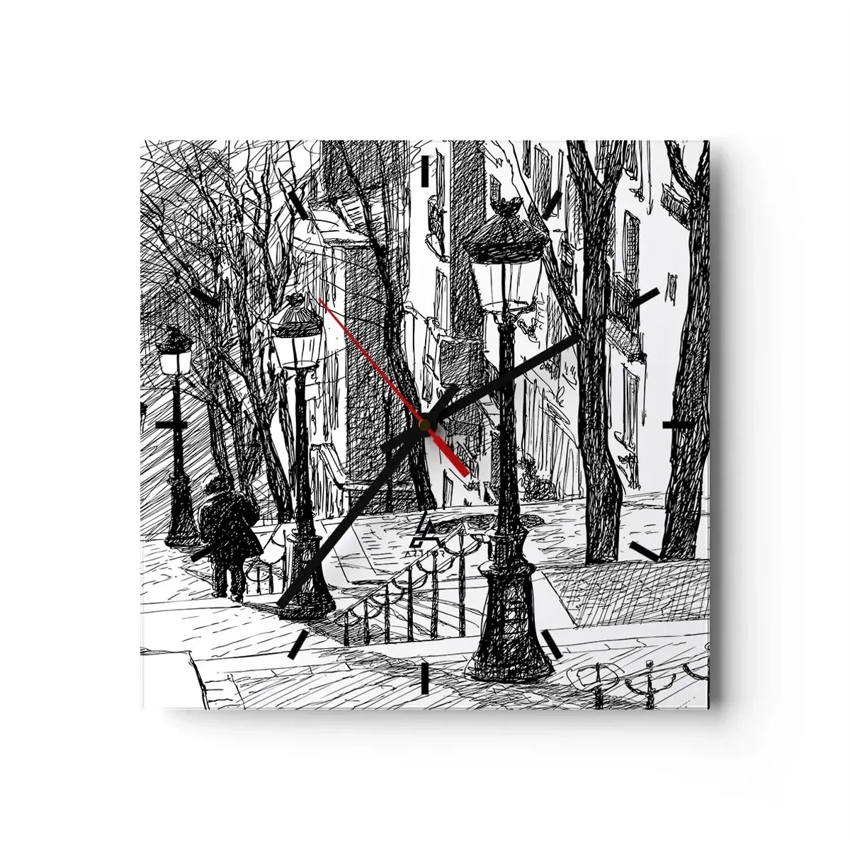 Wanduhr - Glasuhr - Eine Straße mit Lampen und einer menschlichen Silhouette in Skizzentechnik - 30x30cm - Liebesgeschichte oder Horrorgeschichte? - Moderne Wanddekoration für Wohnzimmer und Schlafzimmer ARTTOR