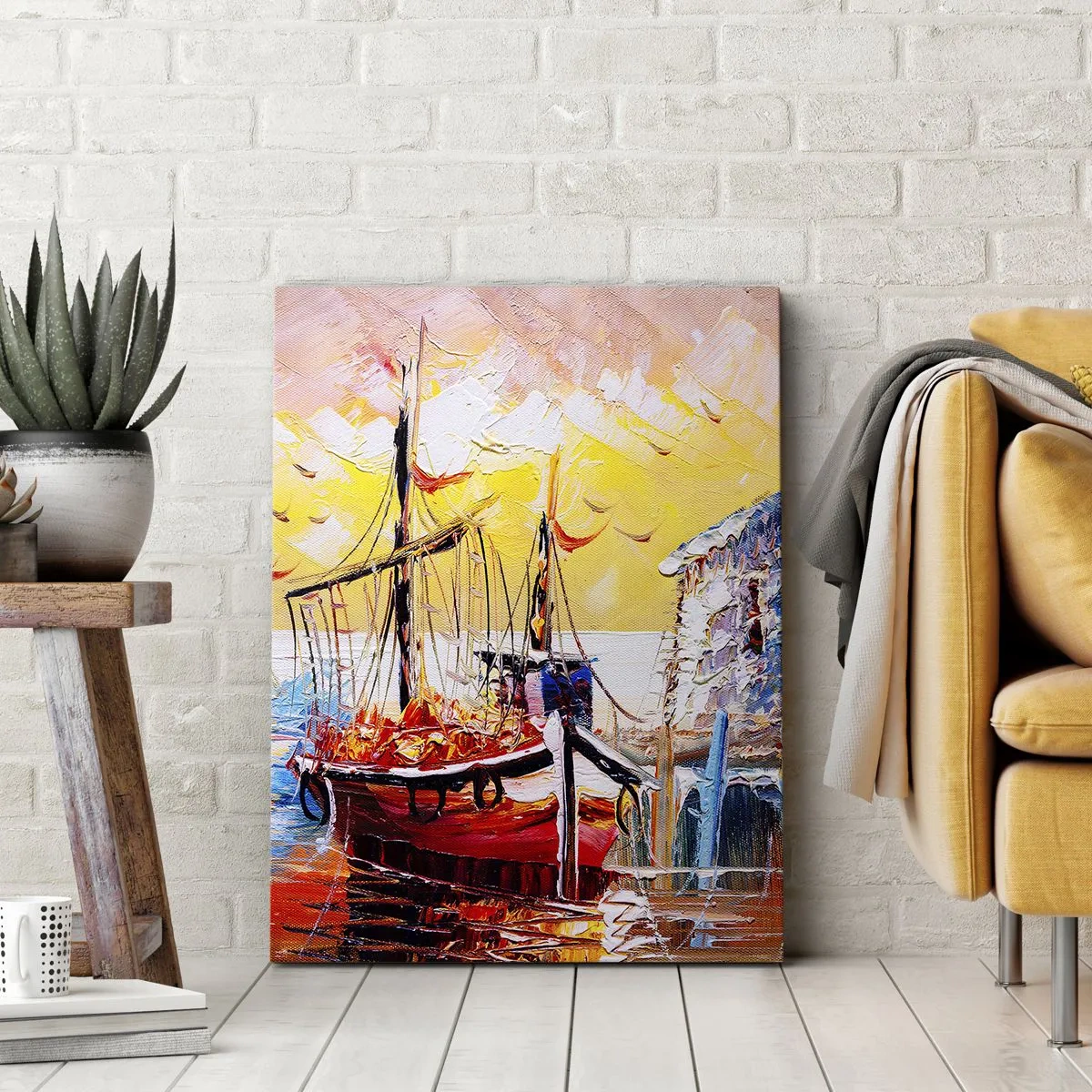 Bild auf Leinwand - Leinwandbild - Malerischer Hafen bei Sonnenuntergang mit Fischerbooten - 50x70cm - Glückliche Rückkehr - Moderne Wanddekoration für Wohnzimmer und Schlafzimmer ARTTOR