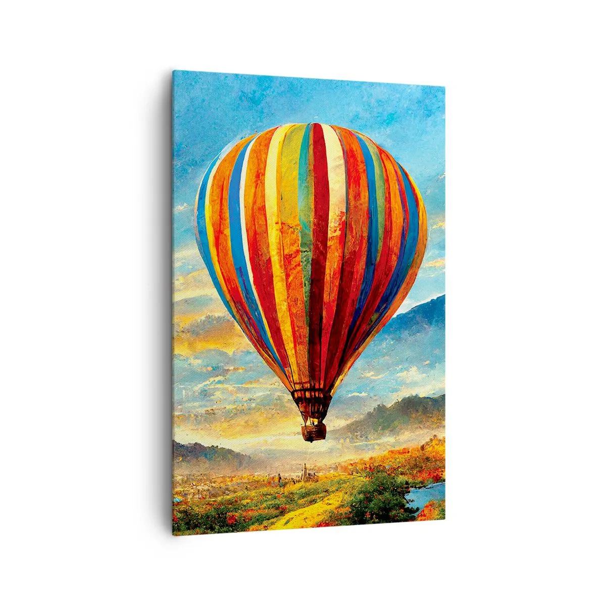 Bild auf Leinwand - Leinwandbild - Ein bunter Ballon über einer malerischen Landschaft - 80x120cm - In der Stille sieht man mehr - Moderne Wanddekoration für Wohnzimmer und Schlafzimmer ARTTOR
