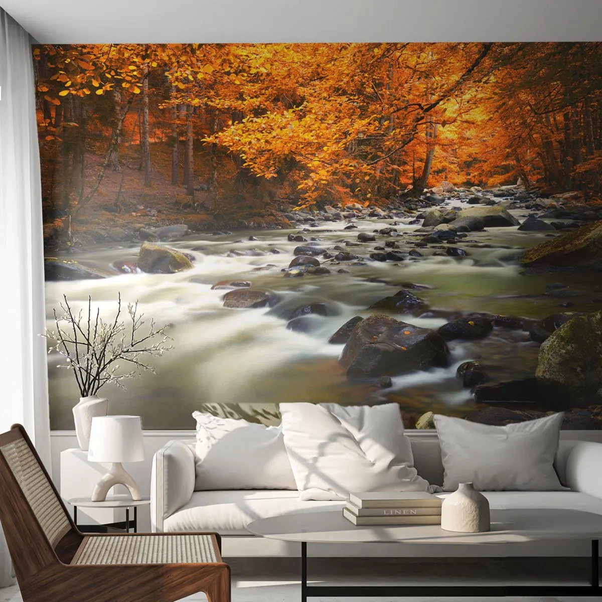 Fototapete Premium Sand - Herbstwald mit rauschendem Bach und goldenen Blättern - 100x70cm - Ein Bach in einem goldenen Wald - Moderne Wanddekoration für Wohnzimmer und Schlafzimmer ARTTOR