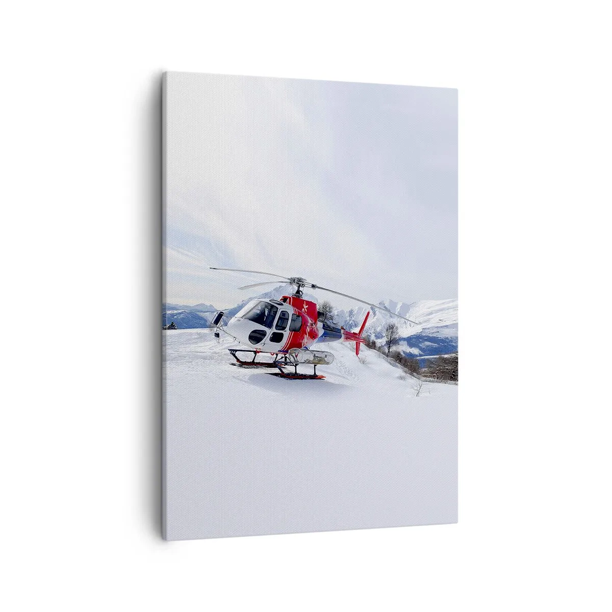 Bild auf Leinwand - Leinwandbild - Ein roter Hubschrauber vor einer verschneiten Berglandschaft. - 50x70cm - Immer bereit - Moderne Wanddekoration für Wohnzimmer und Schlafzimmer ARTTOR