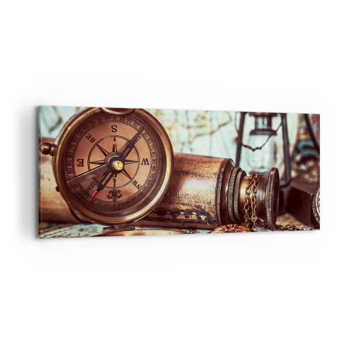 Bild auf Leinwand - Leinwandbild - Ein Retro-Set mit Kompass, Teleskop und Karte im Reisethema - 120x50cm - Ein Piratenabenteuer in der Karibik wartet - Moderne Wanddekoration für Wohnzimmer und Schlafzimmer ARTTOR