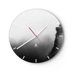 Wanduhr - Glasuhr - Ein schwarzer Felsen über einem nebligen Abgrund in Grautönen - 30x30cm - Am Rande der Welt - Moderne Wanddekoration für Wohnzimmer, Küche und Schlafzimmer ARTTOR