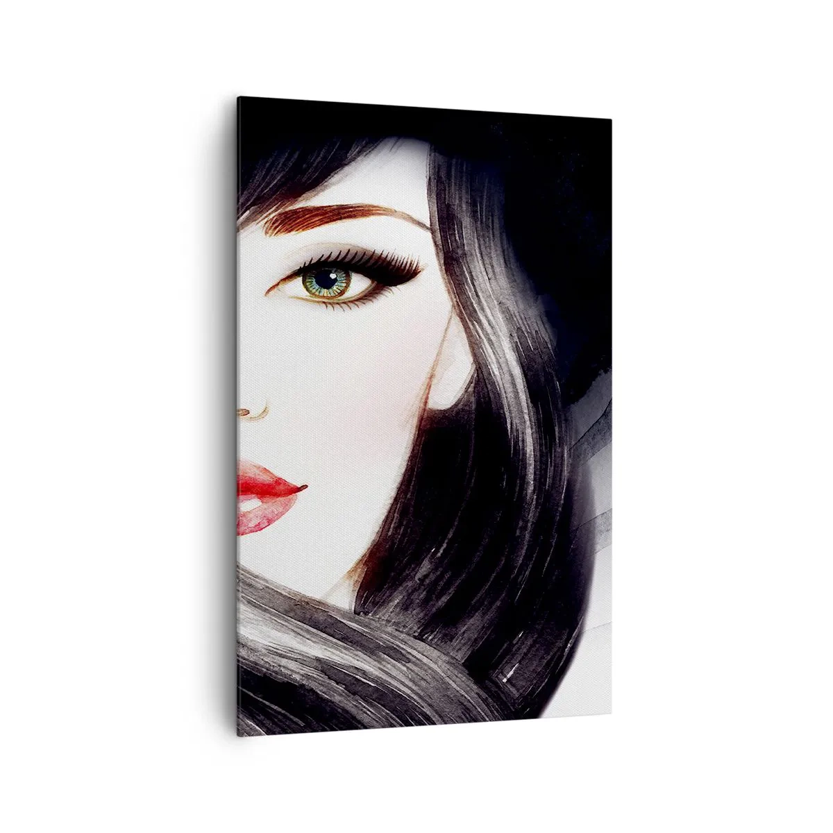 Bild auf Leinwand - Leinwandbild - Porträt einer Frau mit ausdrucksstarkem Blick und roten Lippen - 80x120cm - Saphir-Optik - Moderne Wanddekoration für Wohnzimmer und Schlafzimmer ARTTOR