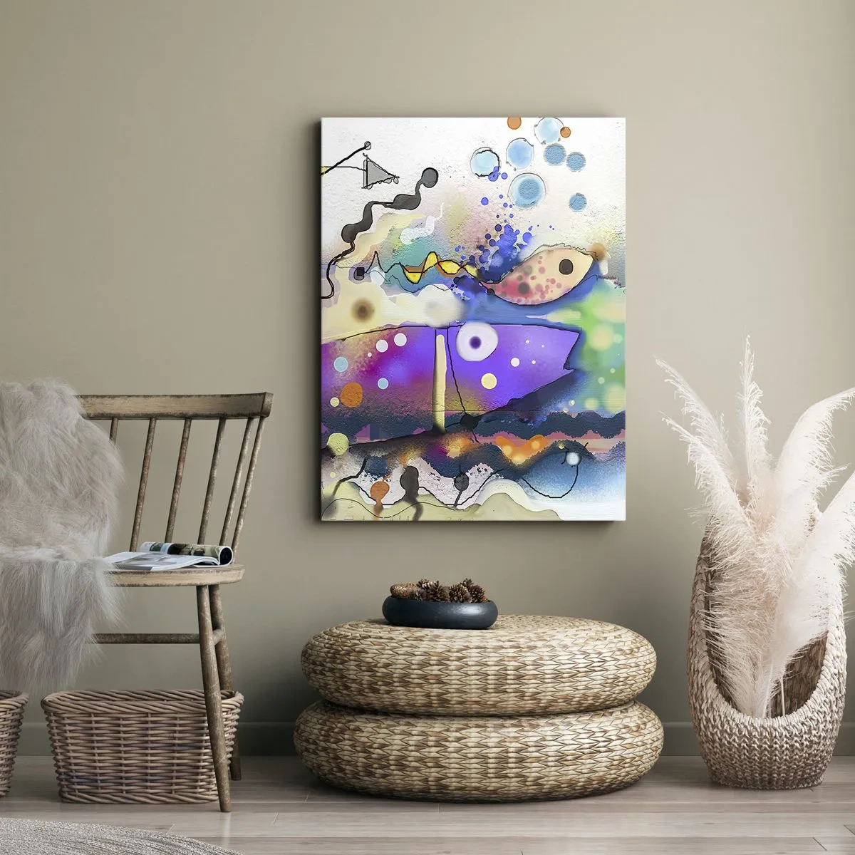 Bild auf Leinwand - Leinwandbild - Abstrakter Fisch in einer farbenfrohen, surrealen Komposition - 50x70cm - Es fehlen die Worte! - Moderne Wanddekoration für Wohnzimmer und Schlafzimmer ARTTOR