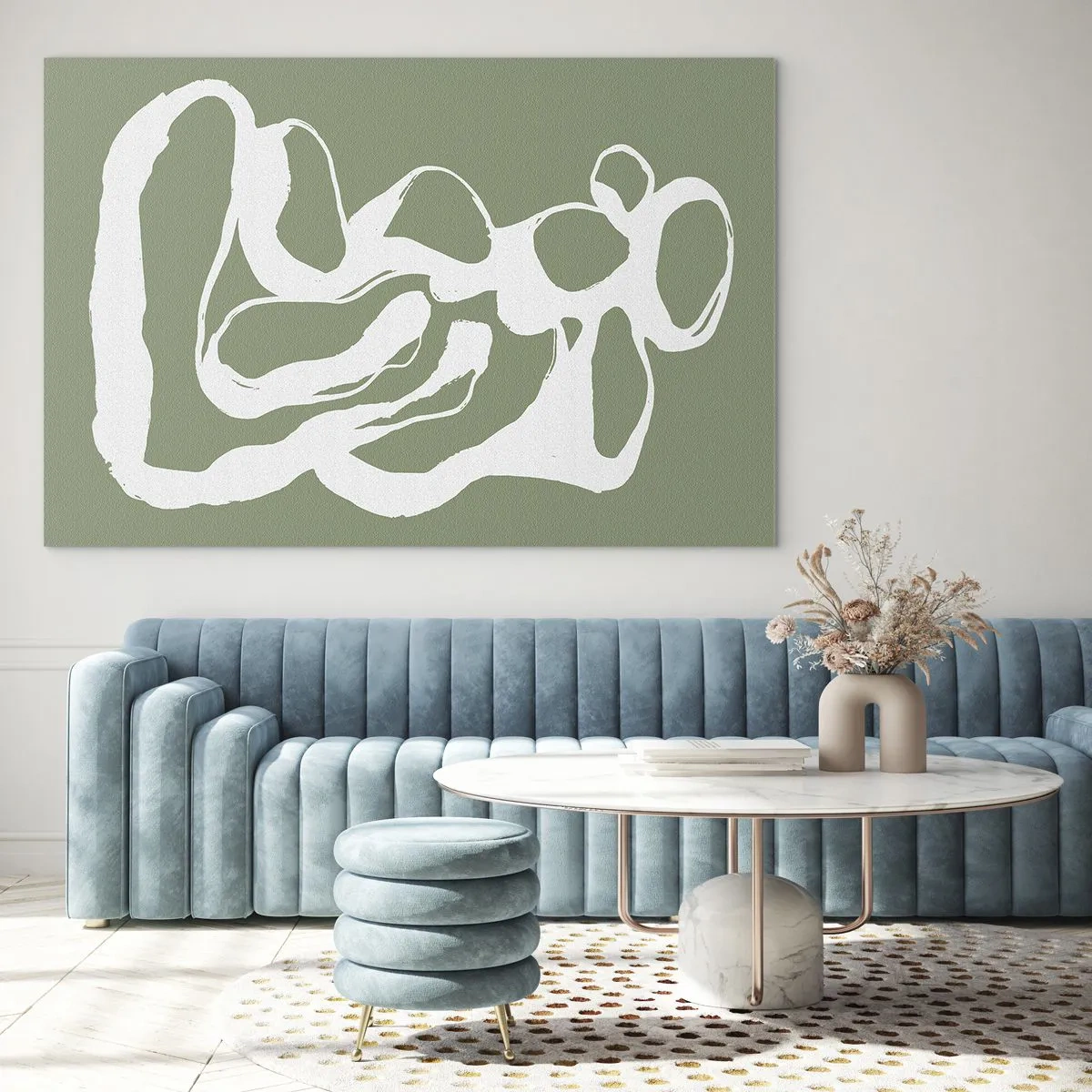 Glasbild - Bild auf glas - Abstrakte weiße organische Form auf olivgrünem Hintergrund - 120x80cm - Ruf des Weltraums - Moderne Wanddekoration für Wohnzimmer und Schlafzimmer ARTTOR