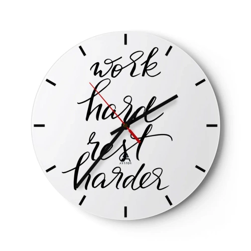 Wanduhr - Glasuhr - Schwarz-weiße Inschrift „Work Hard Rest Harder“ auf weißem Hintergrund - 30x30cm - Lebensbalance - Moderne Wanddekoration für Wohnzimmer, Küche und Schlafzimmer ARTTOR