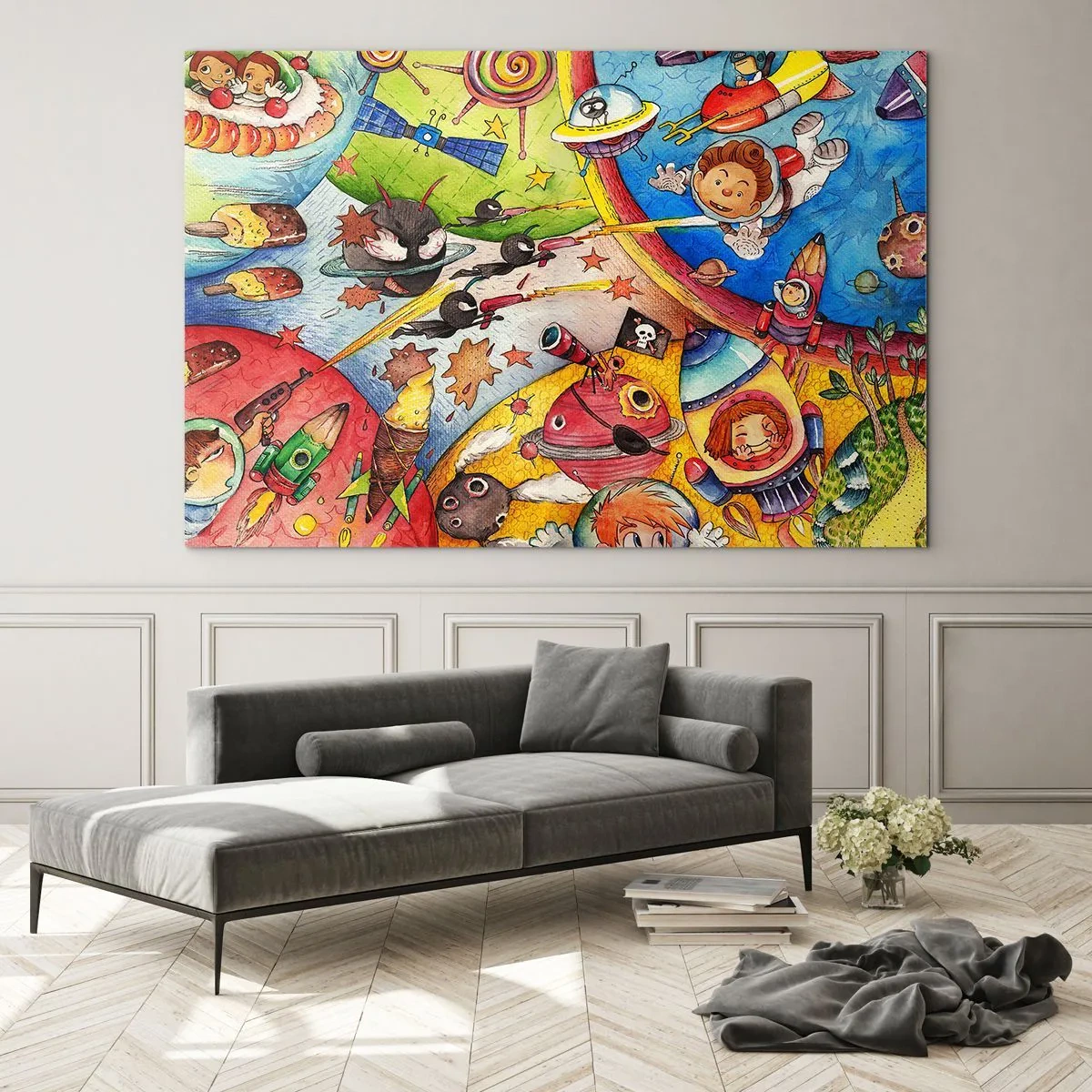 Glasbild - Bild auf glas - Eine farbenfrohe Illustration eines Weltraumabenteuers für Kinder - 70x50cm - Tolles Weltraumabenteuer - Moderne Wanddekoration für Wohnzimmer und Schlafzimmer ARTTOR